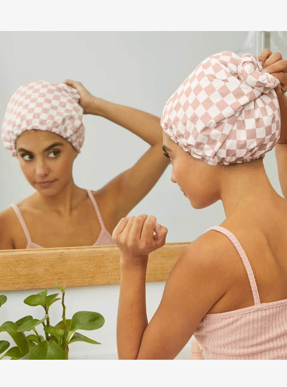 Kitsch Satin Flexi Shower Cap -Terracotta Checker