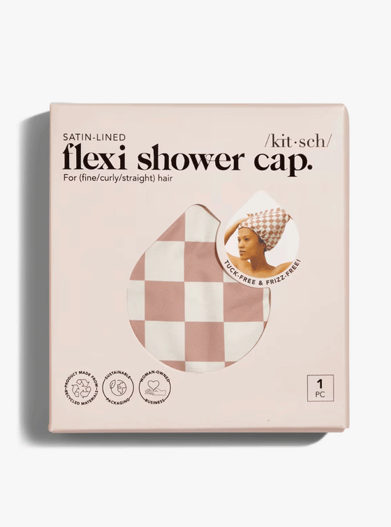 Kitsch Satin Flexi Shower Cap -Terracotta Checker