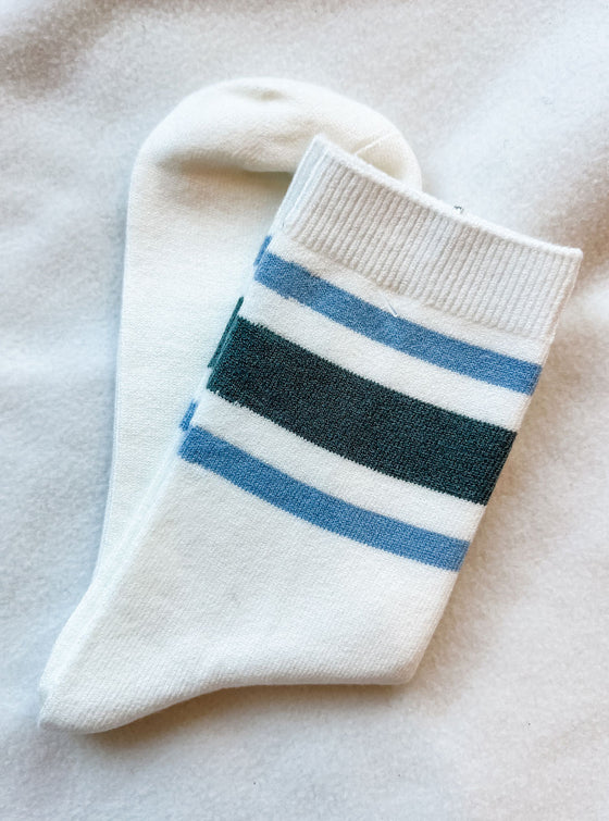 Retro Stripe Style Crew Socks: Slate Blue