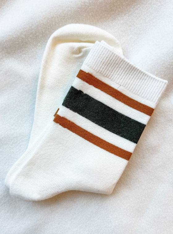 Retro Stripe Style Crew Socks: Dark Olive