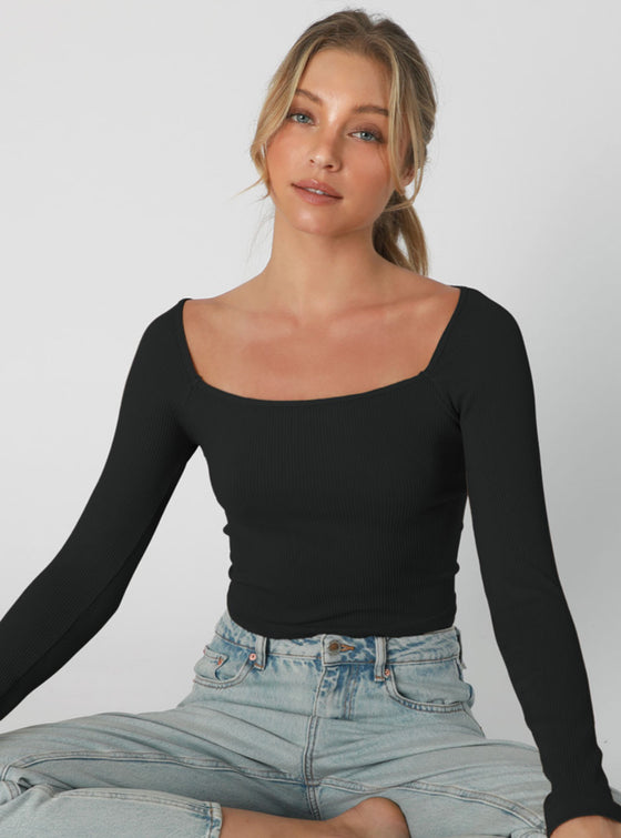Nikibiki Ribbed Square Neck Long Sleeve Top in 2 Colors