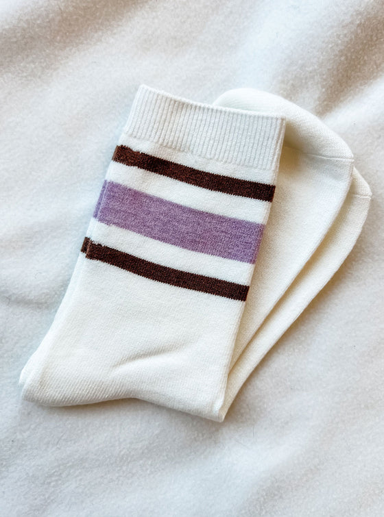 Retro Stripe Style Crew Socks: Deep Lavender